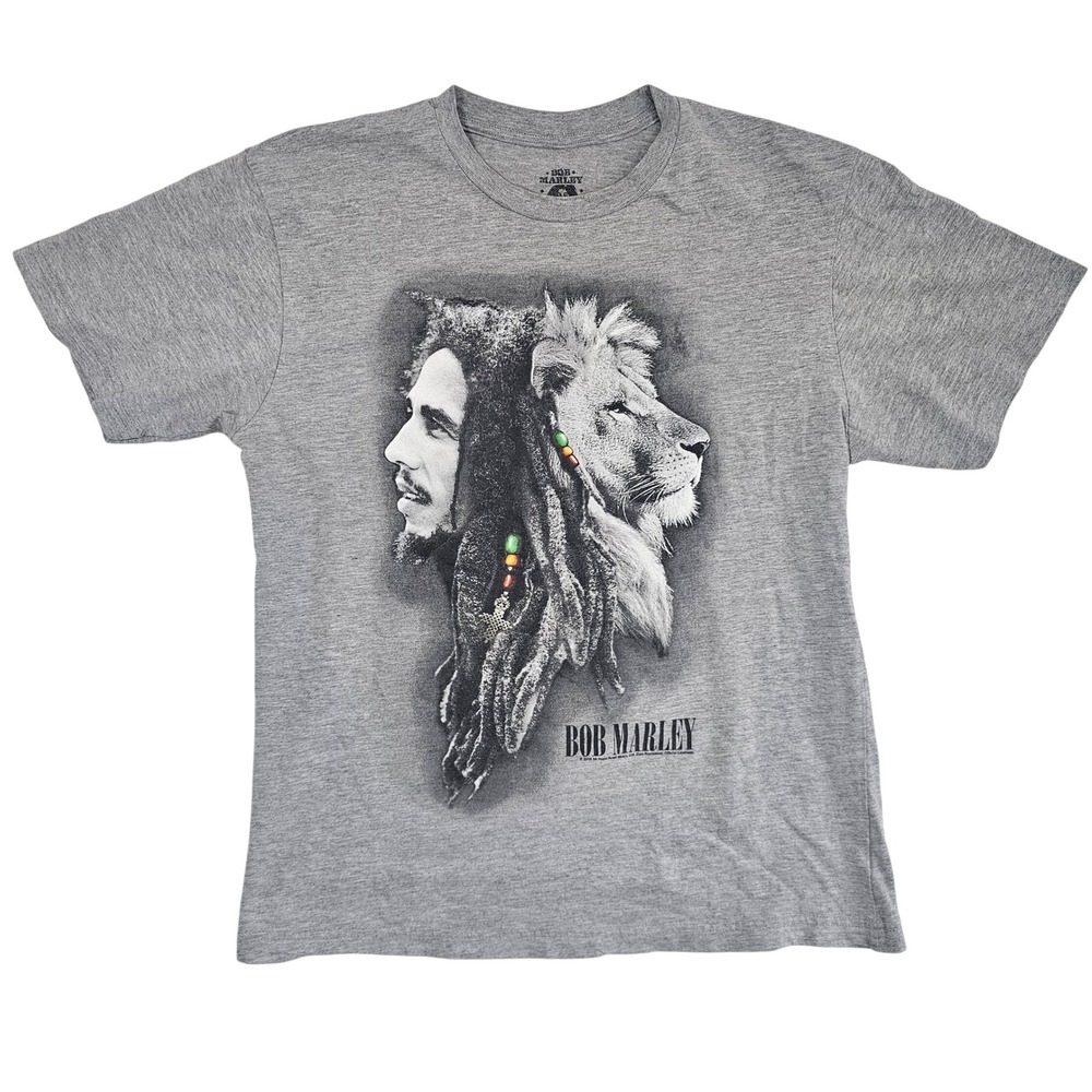 Bob Marley Lion Split Face Graphic T-Shirt Mens Medium Gray Reggae Jamaica Tee